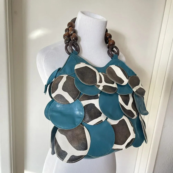Turquoise Giraffe Print Circle Wood Beads Handle Handbag - Picture 1 of 10